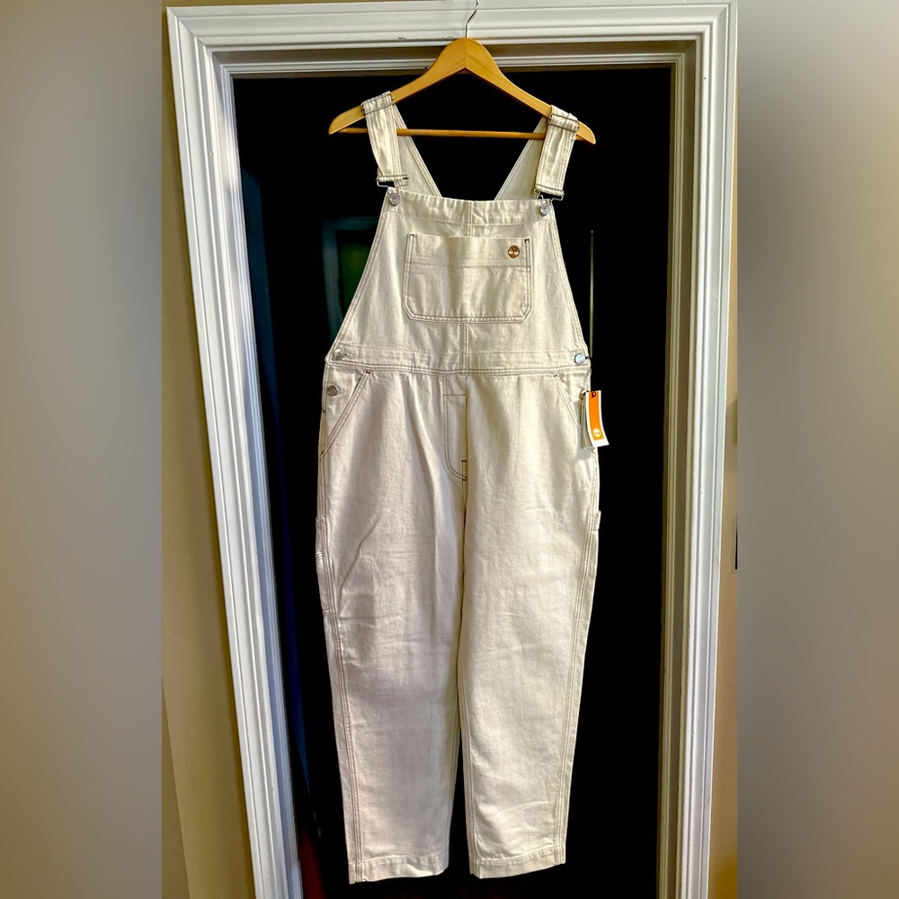 NWT Ret $148 Timberland Womens Denim Jean Bib Overalls, XL/TG Cream/Offwhite